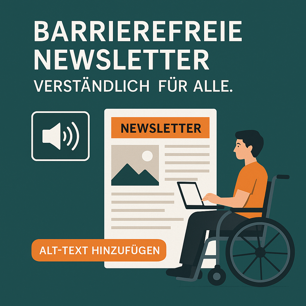 ymbolische Illustration zur digitalen Barrierefreiheit: Menschen unterschiedlicher Fähigkeiten interagieren mit Geräten wie Laptop, Tablet und Smartphone; im Zentrum stehen Symbole für Inklusion und Zugänglichkeit.