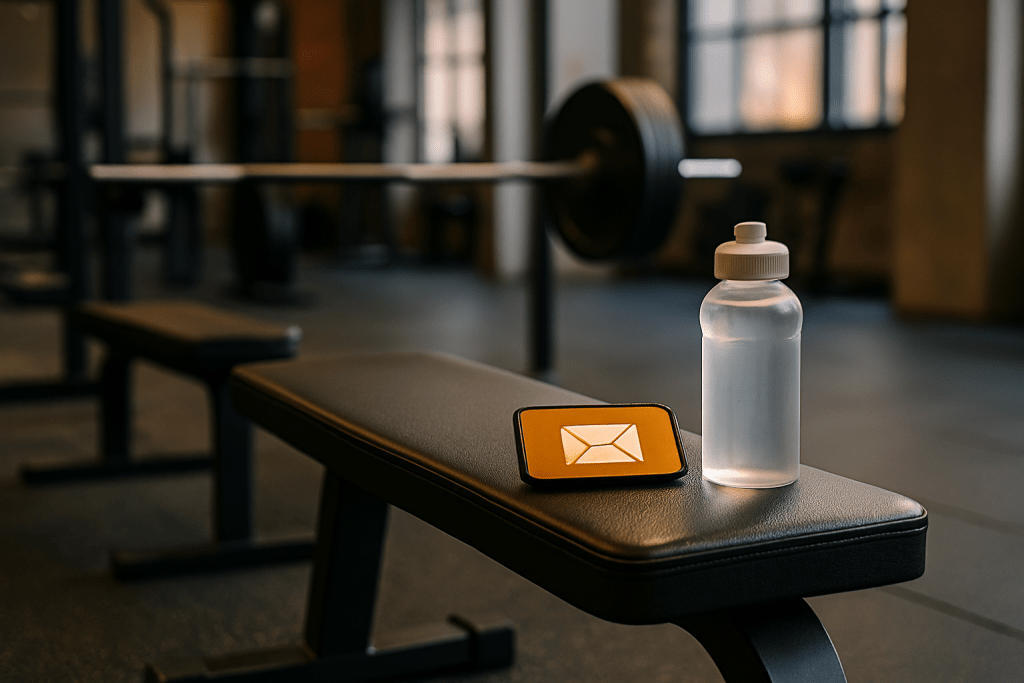 Moderner Fitnessstudio-Bereich mit Hantelbank, Smartphone und Wasserflasche. Symbol für den Einsatz eines E-Mail-Marketing- und Newsletter-Tools, um Mitgliederbindung zu stärken und digitale Kommunikation im Studio zu verbessern.
