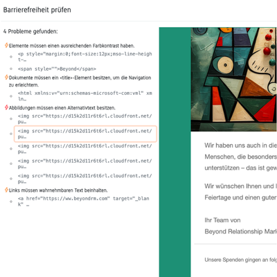 Screenshot des EMMA-Barrierefreiheit-Checks: Anzeige mit vier gefundenen Problemen, darunter fehlende Alternativtexte für Bilder, unzureichender Farbkontrast und ein Link ohne sichtbaren Text.