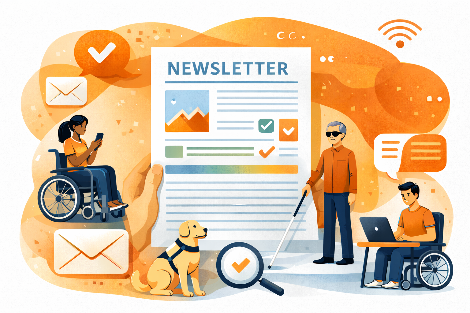 Illustration zum Thema barrierefreie Newsletter. In der Mitte steht ein übersichtlich gestalteter Newsletter mit klaren Textblöcken, Symbolen und orangefarbenen Markierungen. Rundherum sind Menschen mit verschiedenen Behinderungen dargestellt, die digitale Inhalte nutzen, darunter eine Rollstuhlnutzerin mit Smartphone, eine sehbehinderte Person mit Langstock und eine Person am Laptop. Ergänzende Icons wie Häkchen, Lupe und Briefumschläge stehen für Zugänglichkeit, Lesbarkeit und inklusive Kommunikation.